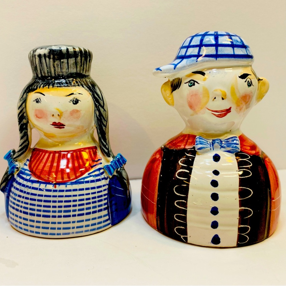 Vtg Italian Ceramic Candleholders Boy And Girl Hand Painted Braids Bows Cap EUC